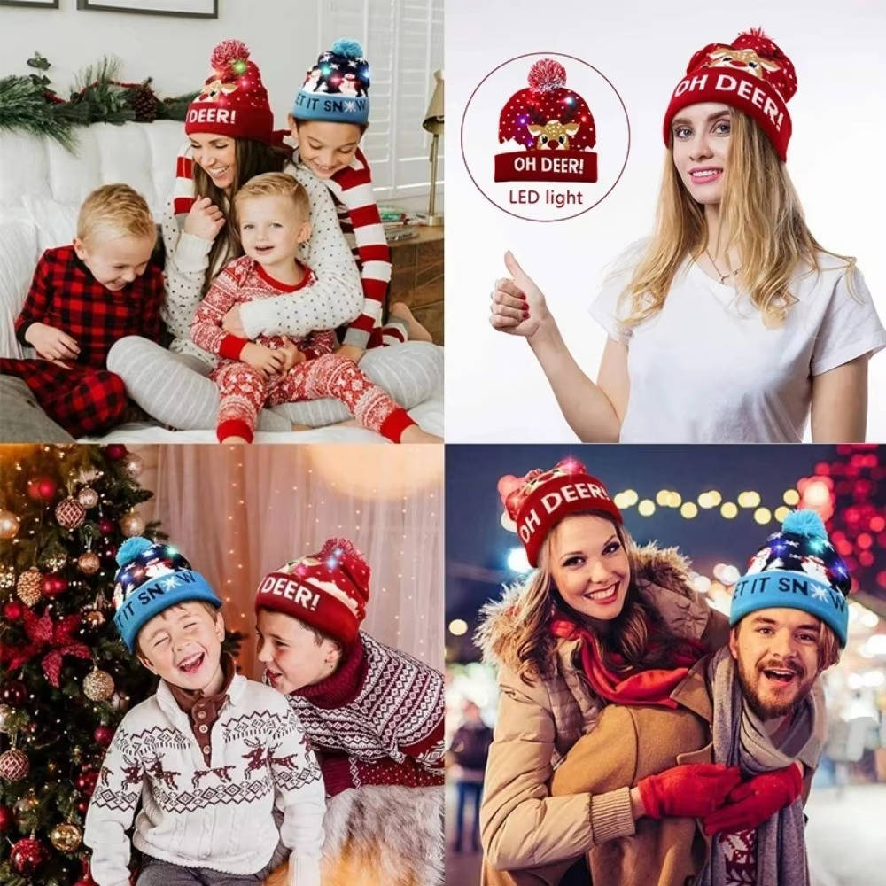 Unisex LED light up Christmas beanie, a festive knit hat with pompom for winter holidays.