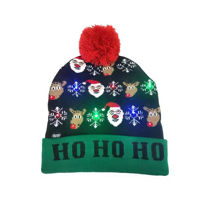 Unisex light up knit Christmas beanie, an LED festive hat with pompom for holiday partygoers.