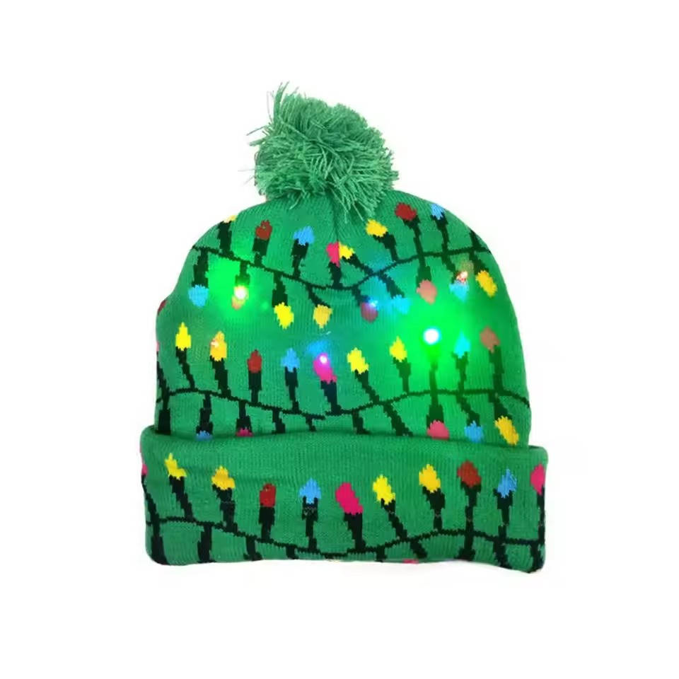 LED knit Christmas hat, a light up unisex beanie with pompom for festive holiday events.
