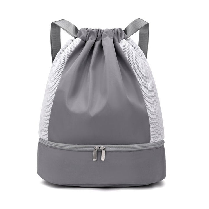 Durable mesh drawstring backpack, lightweight and breathable, ideal for travel, sports, or school.