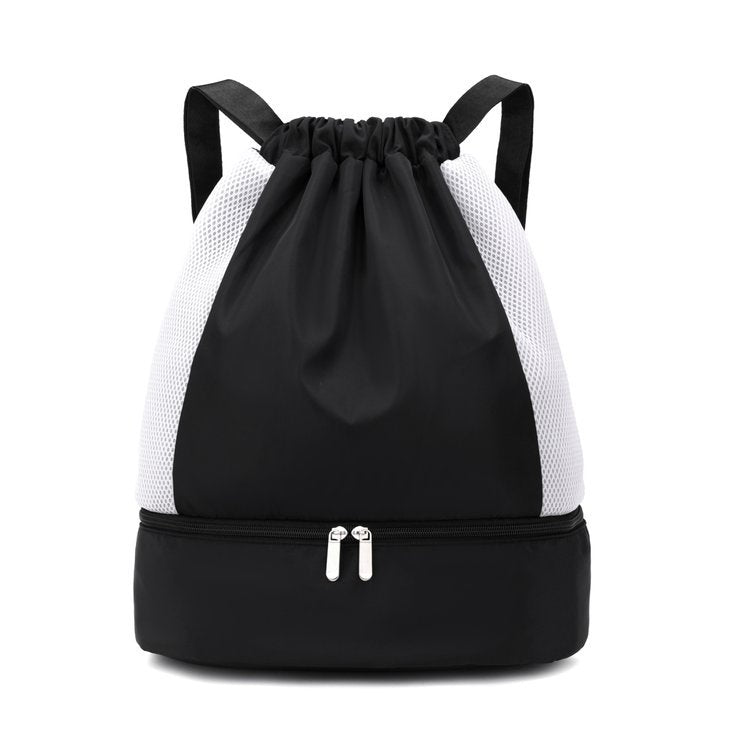 Versatile mesh drawstring bag for gym, beach, school, or travel, easy to carry, lightweight.