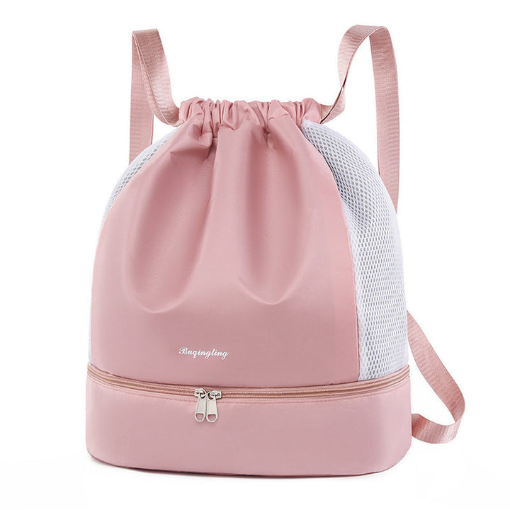 Stylish black mesh drawstring backpack, a lightweight unisex bag for active lifestyles & daily use.