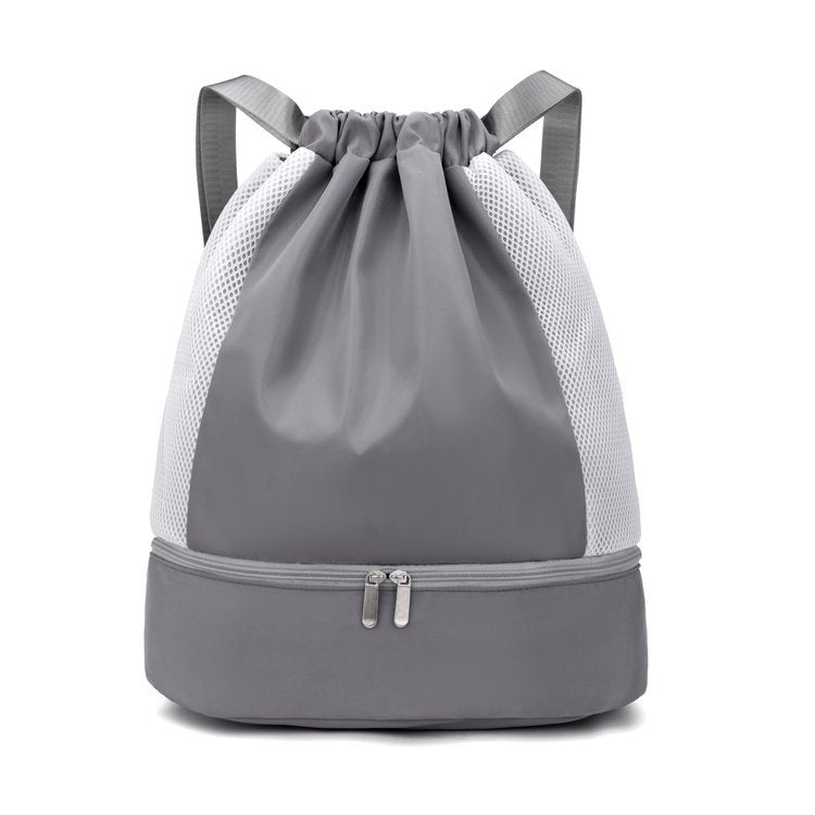 Easy-carry mesh drawstring backpack, lightweight and spacious for various activities, durable.