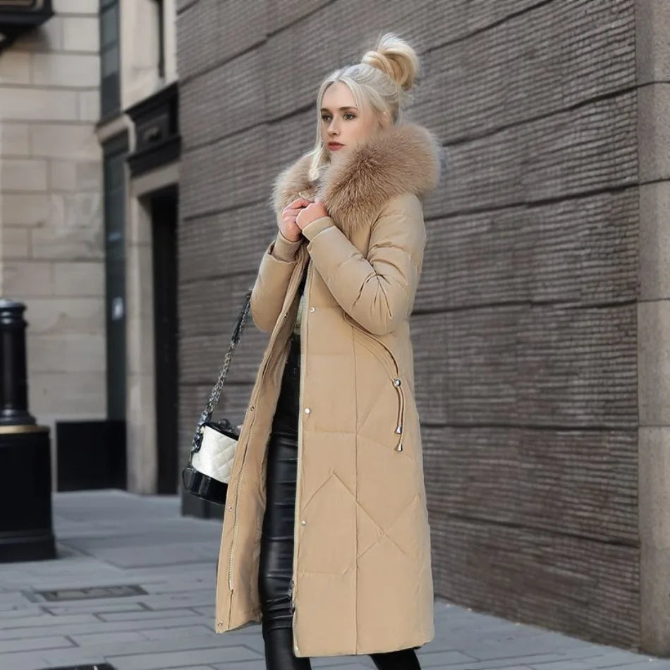 Elegant unisex long hooded winter parka, featuring a sophisticated fluffy trim and sleek design for urban winter fashion.