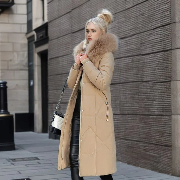 Elegant unisex long hooded winter parka, featuring a sophisticated fluffy trim and sleek design for urban winter fashion.