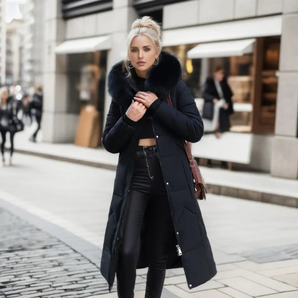 Full-length hooded winter parka with fluffy trim, offering exceptional insulation and warmth for prolonged cold exposure.