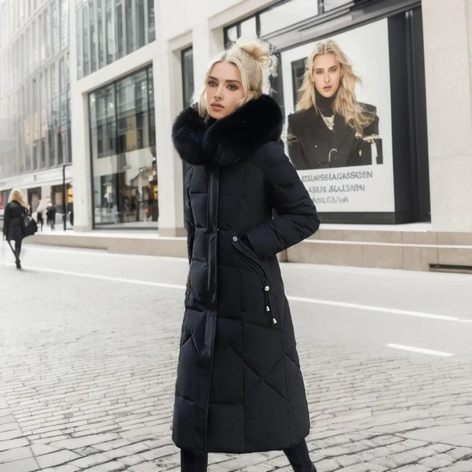 Fashionable unisex long winter parka with a chic fluffy hood trim, blending urban style with extreme cold protection.