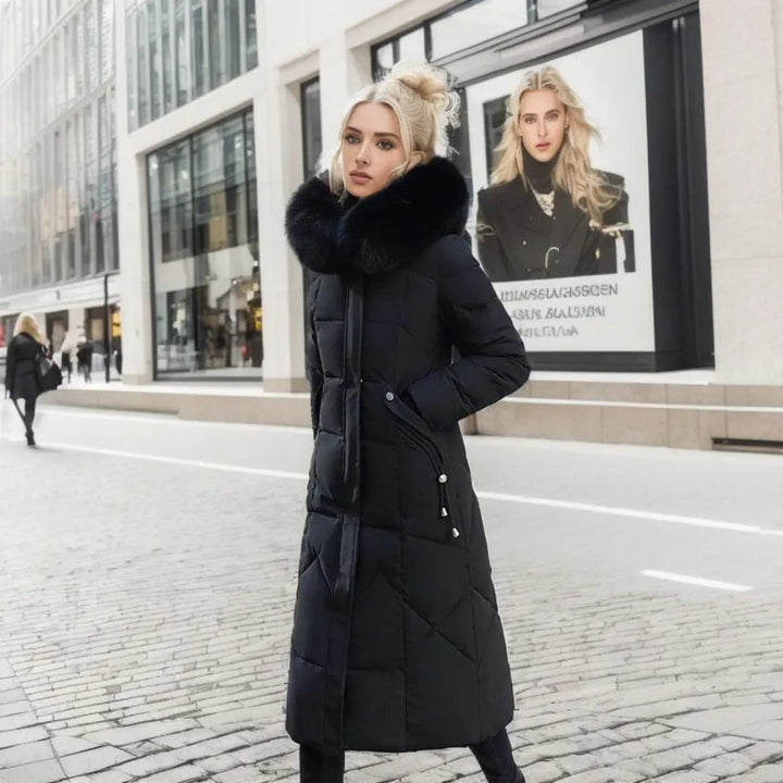 Fashionable unisex long winter parka with a chic fluffy hood trim, blending urban style with extreme cold protection.