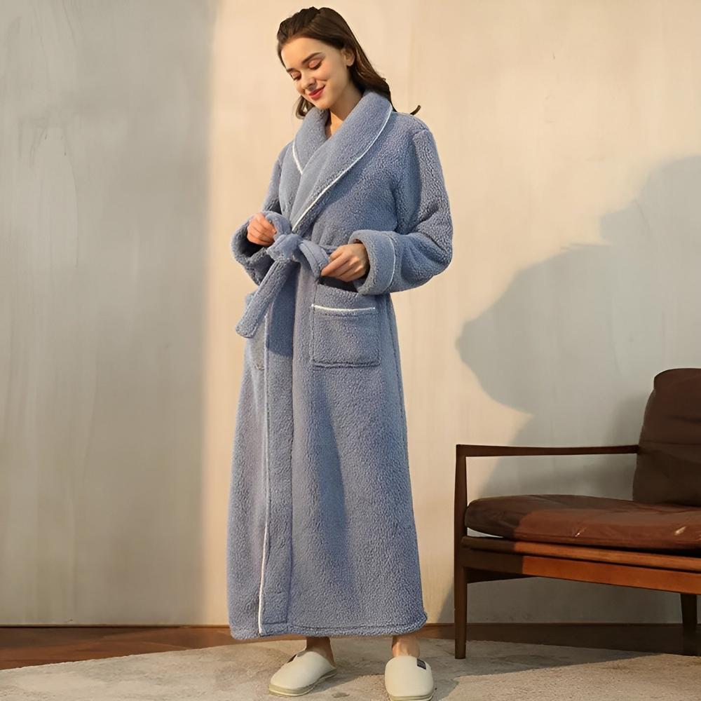 Unisex luxe fleece shawl collar bathrobe, soft & warm for cozy comfort at home.