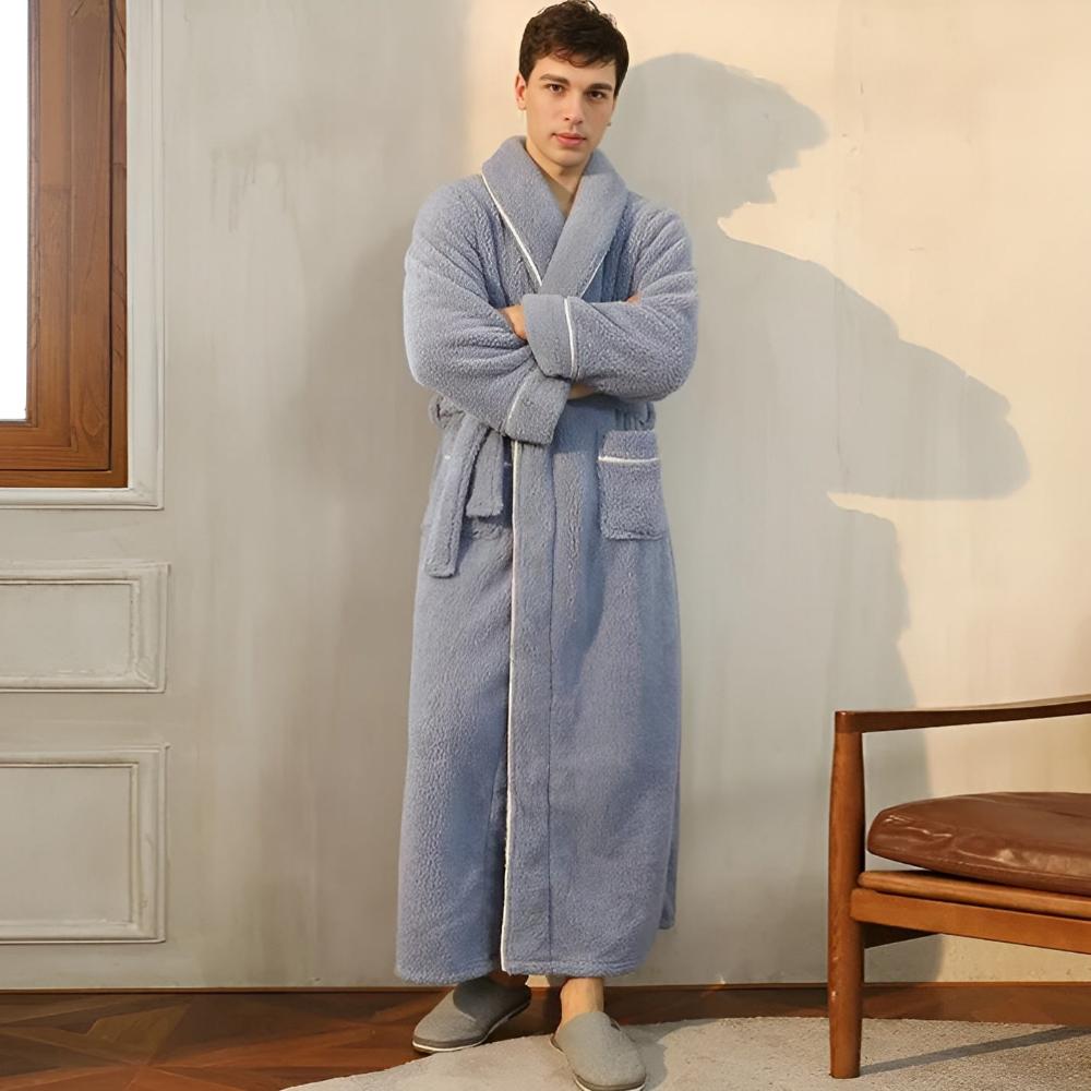 Plush fleece unisex shawl collar bathrobe, ideal for ultimate relaxation & warmth loungewear.