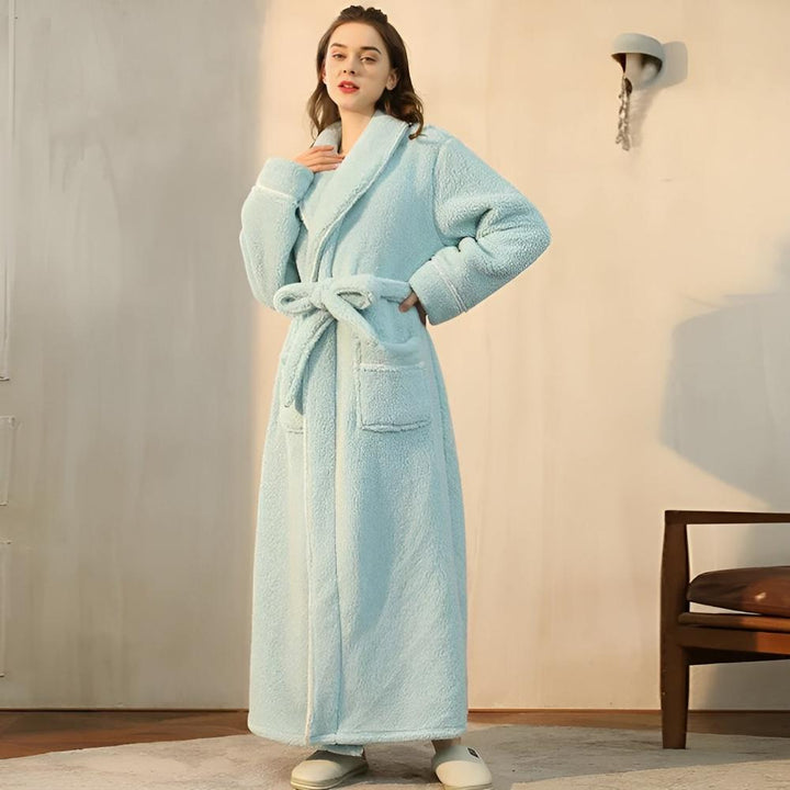 Cozy unisex fleece bathrobe with shawl collar, perfect loungewear for home comfort & relaxation.