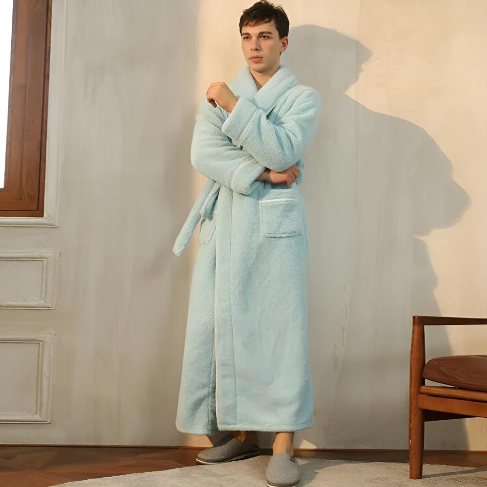 Softest unisex fleece bathrobe, featuring a luxurious shawl collar for cozy warmth and comfort.