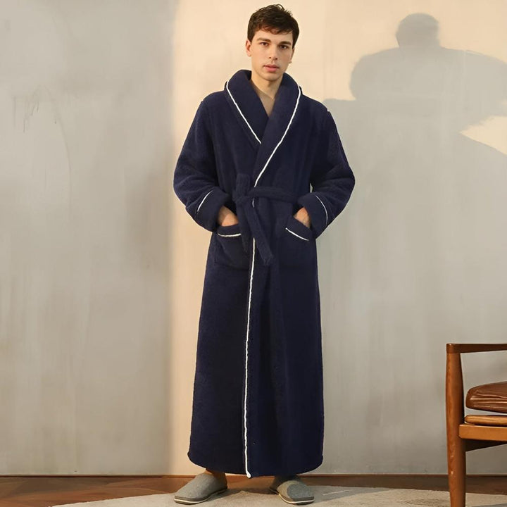Unisex fleece bathrobe with elegant shawl collar, designed for ultimate warmth, comfort & style.