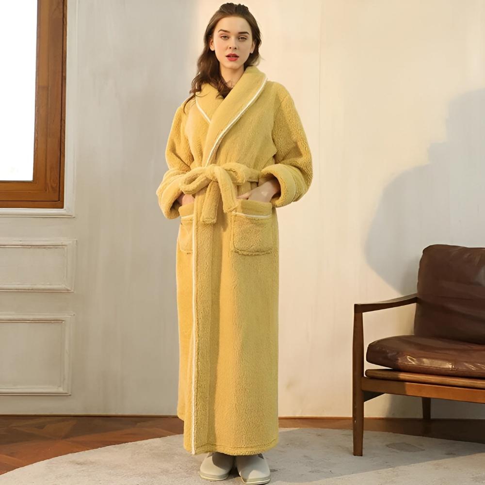 Wrap yourself in relaxation with this soft unisex fleece shawl collar bathrobe, perfect for home.