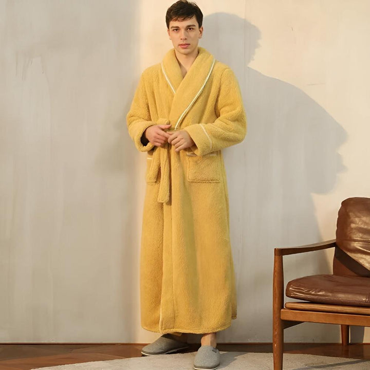 Luxe unisex fleece bathrobe, shawl collar design for supreme softness, cozy home wear & comfort.