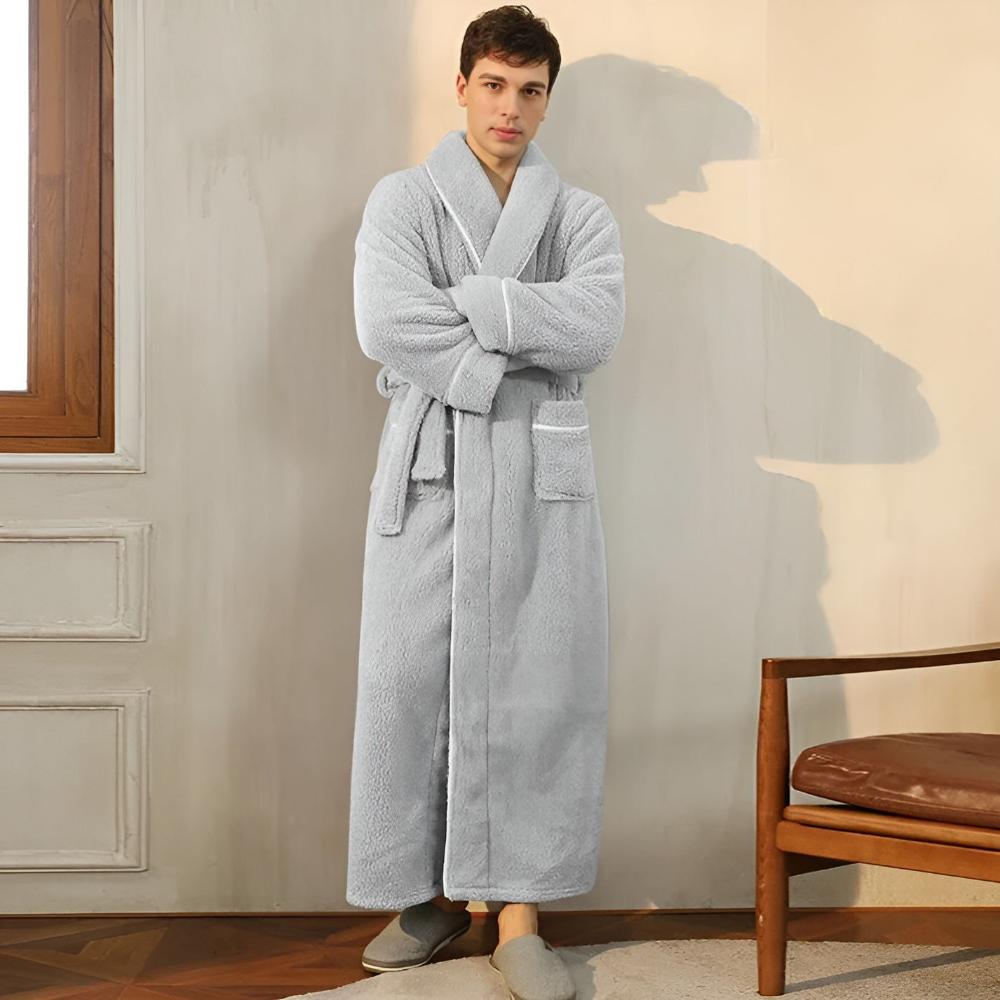 Stay warm & comfortable in this plush unisex fleece bathrobe with a classic shawl collar design.
