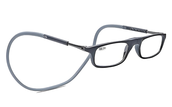 Gray magnetic neck-hanging reading glasses; adjustable, lightweight unisex eyewear for easy, hands-free vision aid.