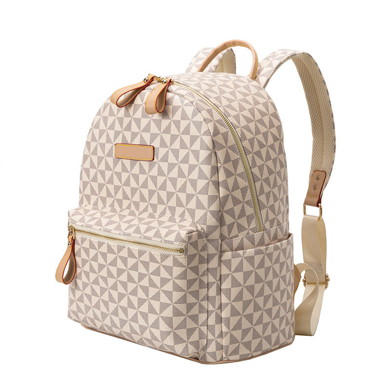 Interior view of a spacious geometric backpack, showcasing excellent organization features.