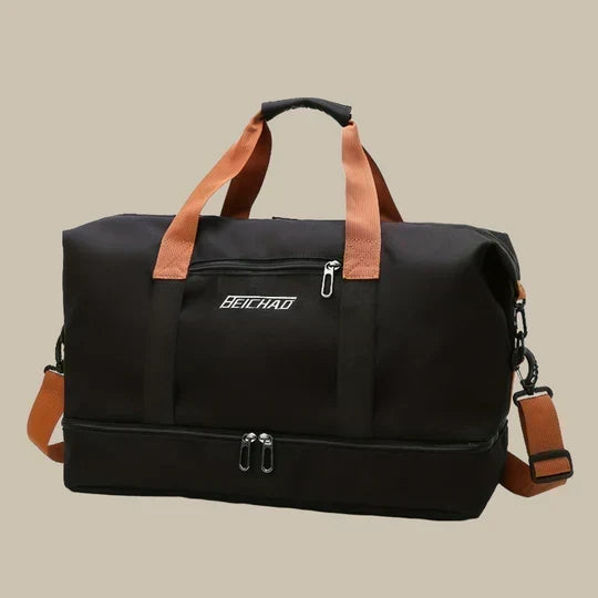 Stylish black travel duffel, a versatile carry-on gym & weekend bag with comfortable shoulder strap.