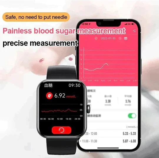 Advanced unisex fitness watch for non-invasive glucose monitoring, heart rate & activity tracking.