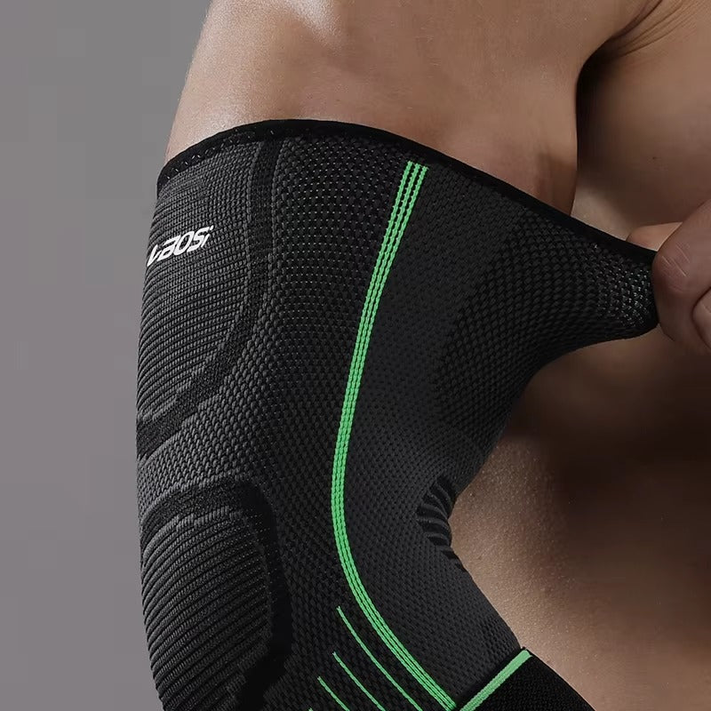 Orthopedic elbow support brace, designed for effective pain relief from tendonitis, arthritis, & golfer's elbow.