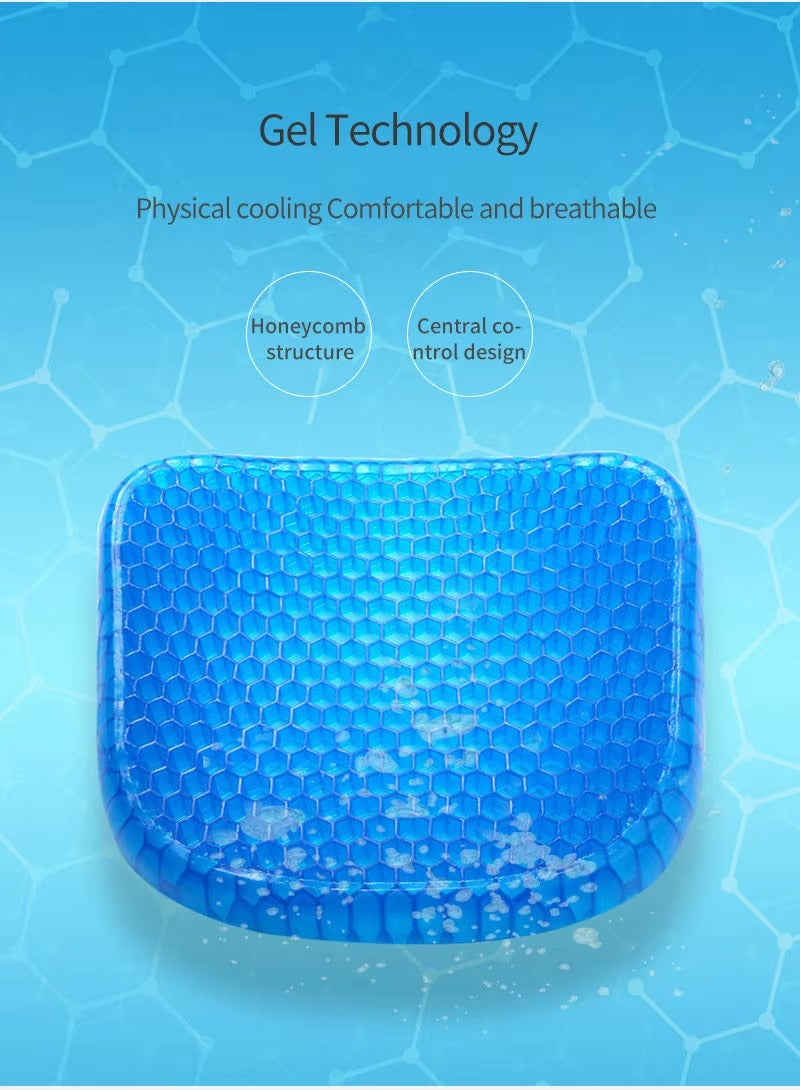 Comfortable gel seat cushion for office chairs, car seats, & wheelchairs. Provides tailbone & back support.