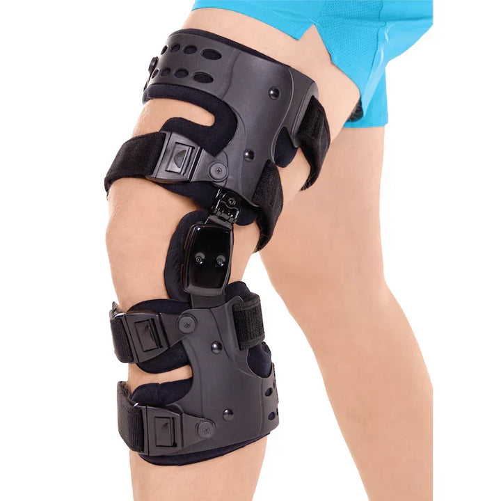 Unloader knee brace for osteoarthritis, providing targeted pressure relief & stability for active users.