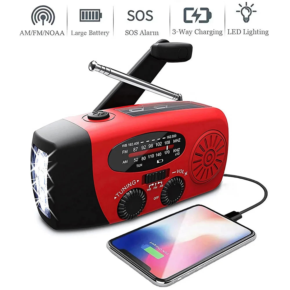 Unisex outdoor solar hand crank emergency radio with powerful LED flashlight & USB charger for survival.