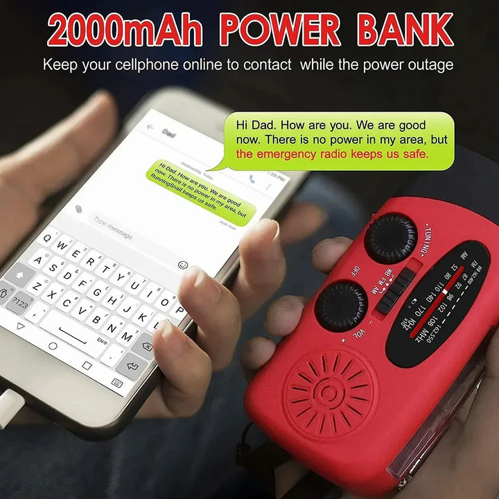 Essential emergency survival radio with solar/hand crank power, AM/FM, flashlight, and phone charger.