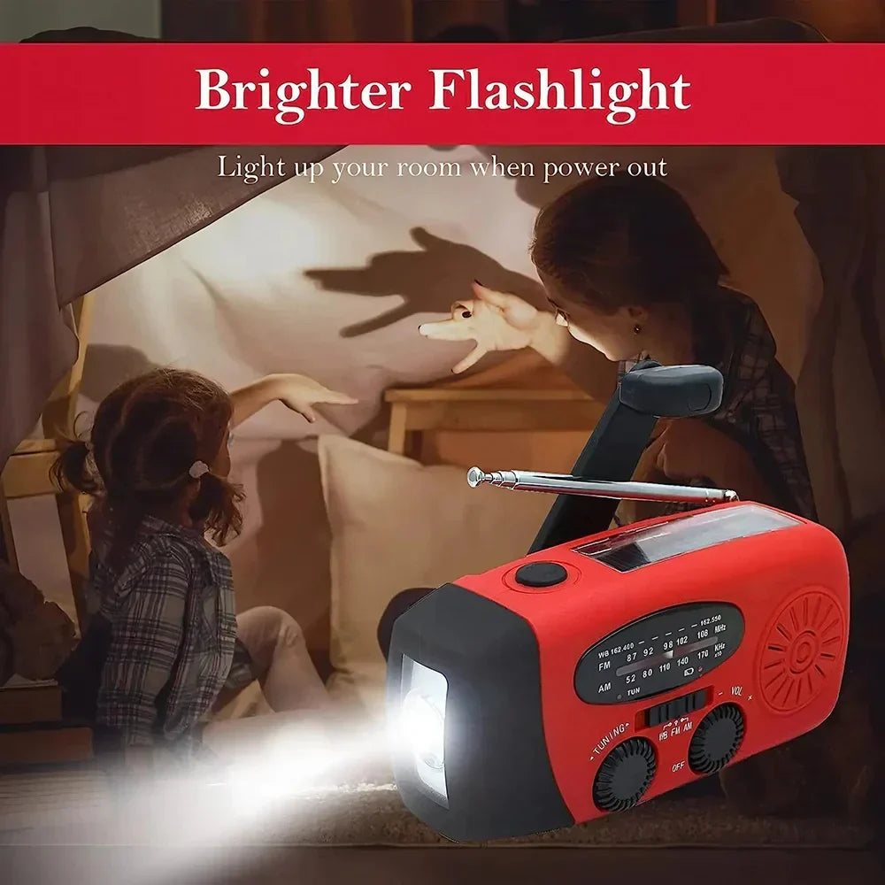 Portable outdoor solar weather radio for camping & hiking; hand crank, flashlight, and phone charging.