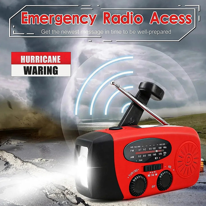 NOAA weather alert radio with solar & hand crank power. Essential for emergency preparedness and safety.