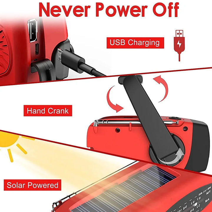 Multi-functional emergency radio: solar, hand crank, bright flashlight, and USB port for device charging.