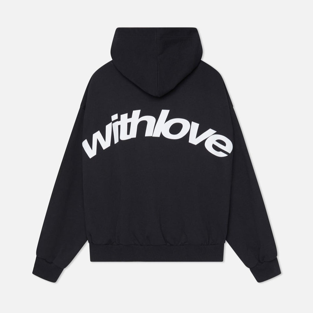 Unisex oversized graphic print black hoodie, 'Withlove' back, streetwear pullover, cozy casual statement apparel.
