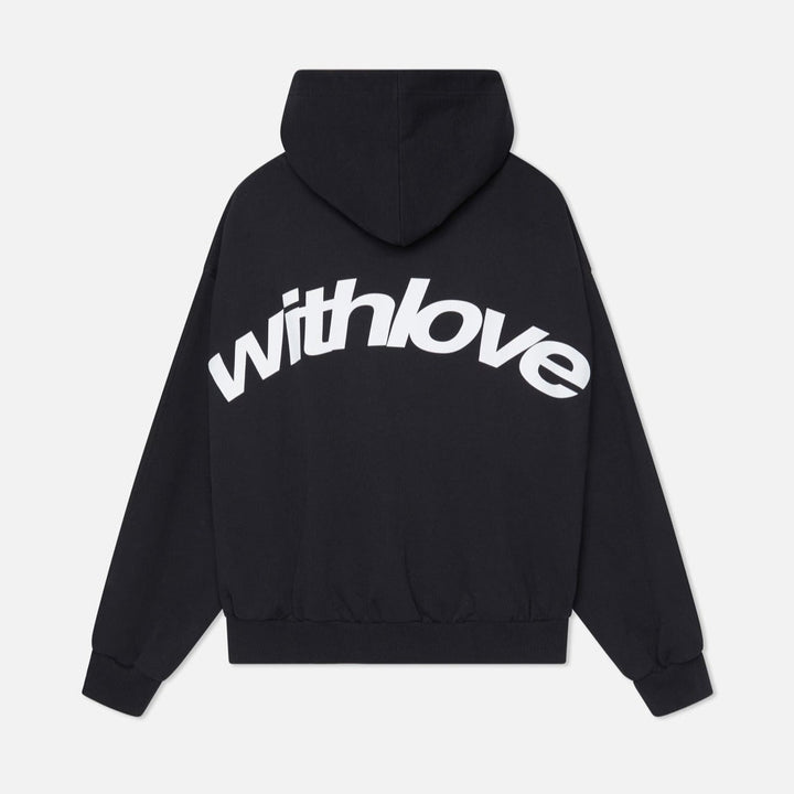 Unisex oversized graphic print black hoodie, 'Withlove' back, streetwear pullover, cozy casual statement apparel.