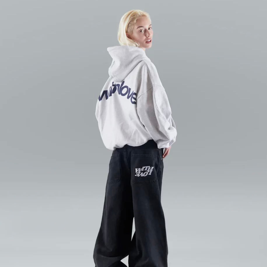 Grey oversized unisex hoodie featuring a bold 'Withlove' statement graphic on the back, casual style.
