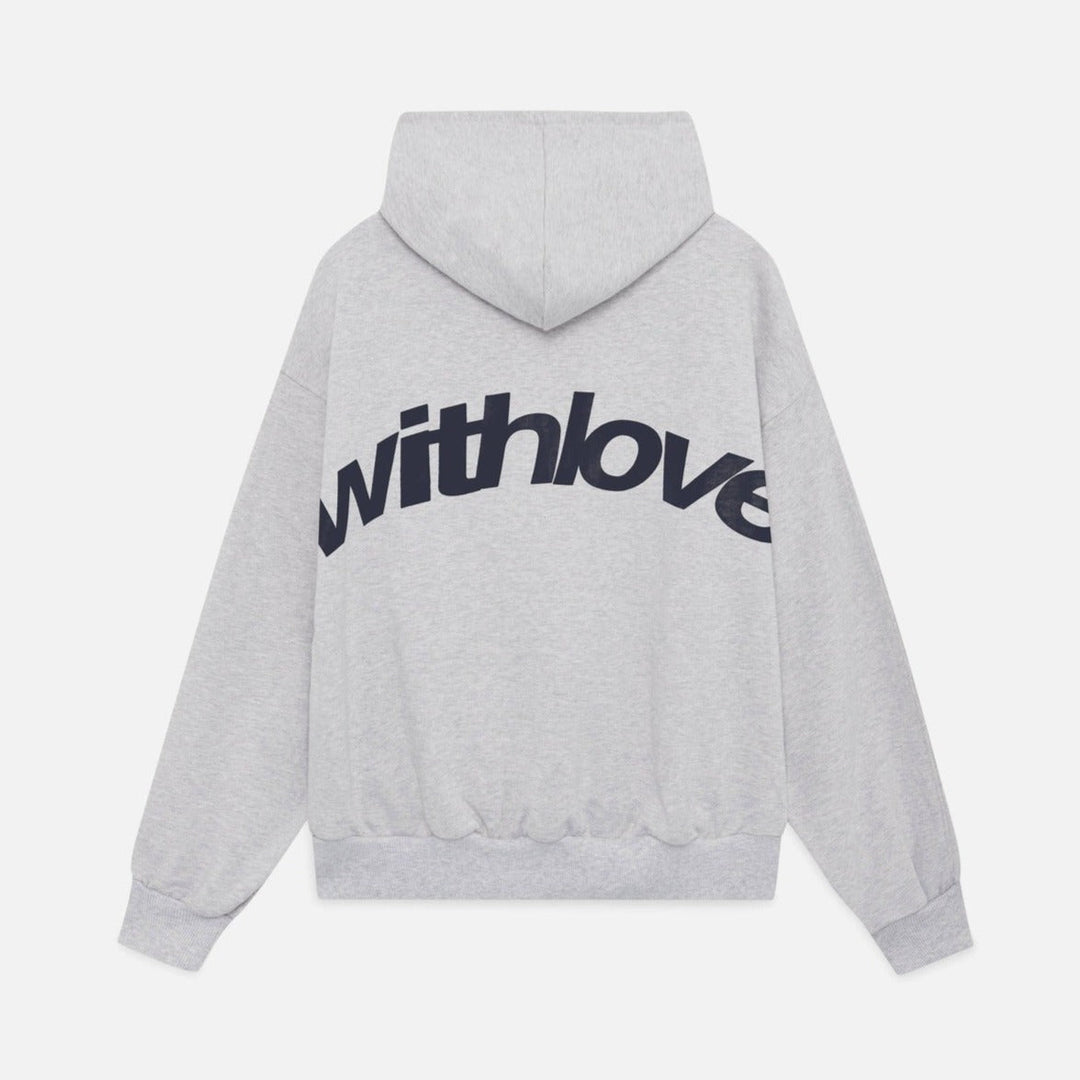 Oversized women's black hoodie, 'Withlove' graphic back print, comfortable and stylish streetwear pullover.