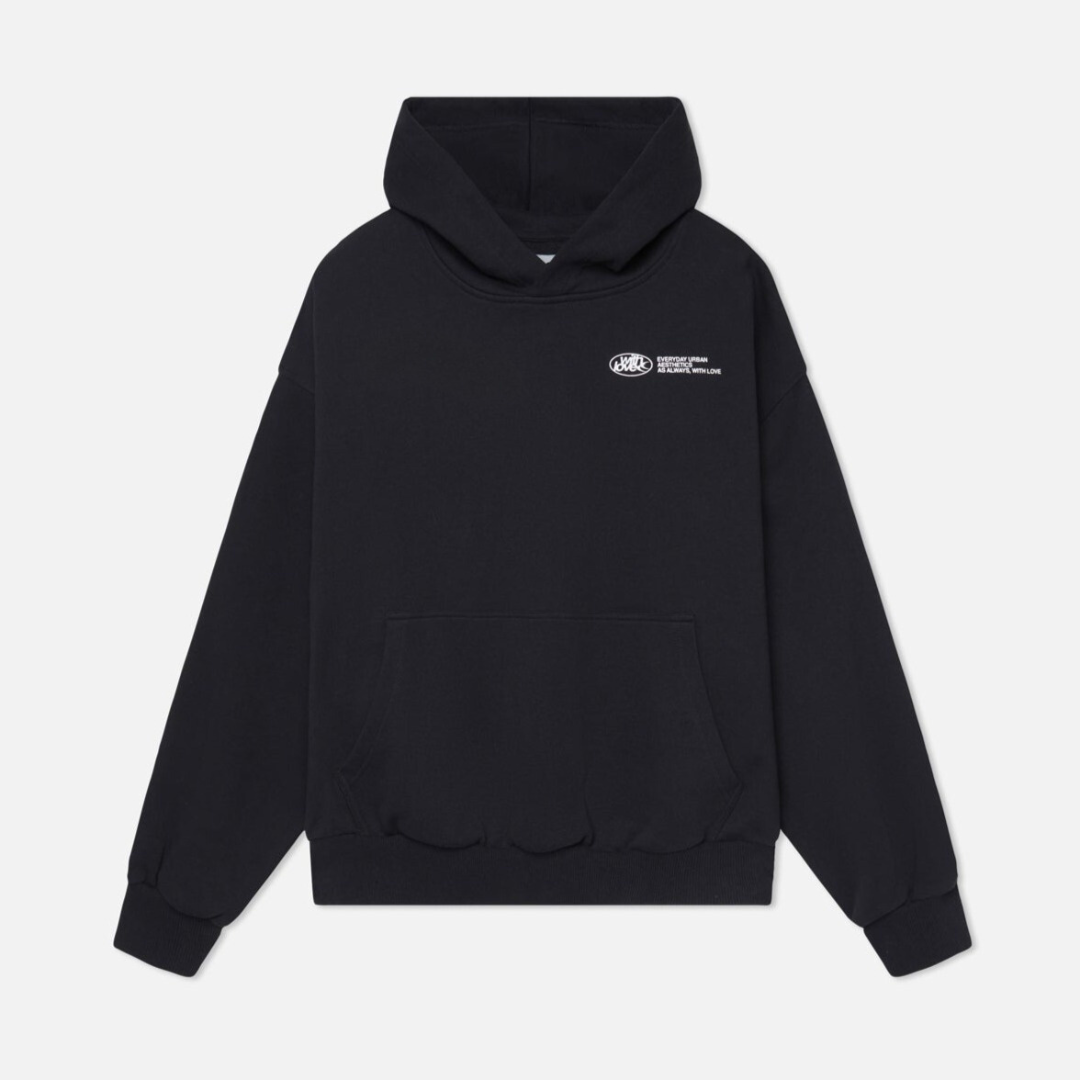 Expressive oversized grey hoodie, 'Withlove' slogan print on back, offering cozy, casual comfort and unique style.