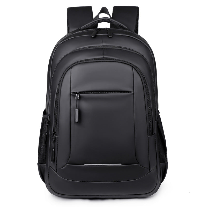 Sleek black padded laptop backpack, unisex for secure and comfortable travel.