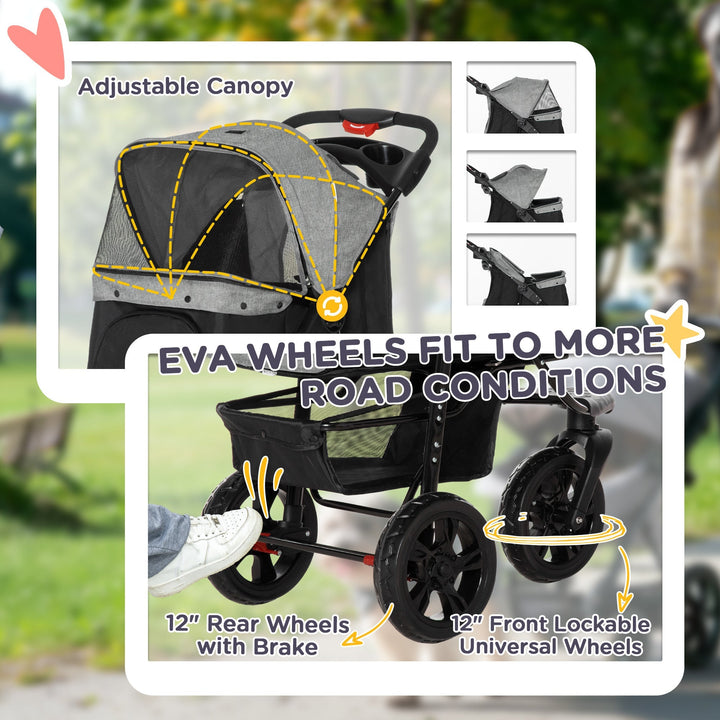 Easy-fold pet stroller with smooth wheels & storage for dog accessories, perfect for daily pet adventures.