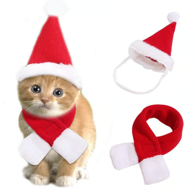 Unisex pet Christmas hat & scarf set. Ideal holiday gift & festive apparel for any dog or cat.