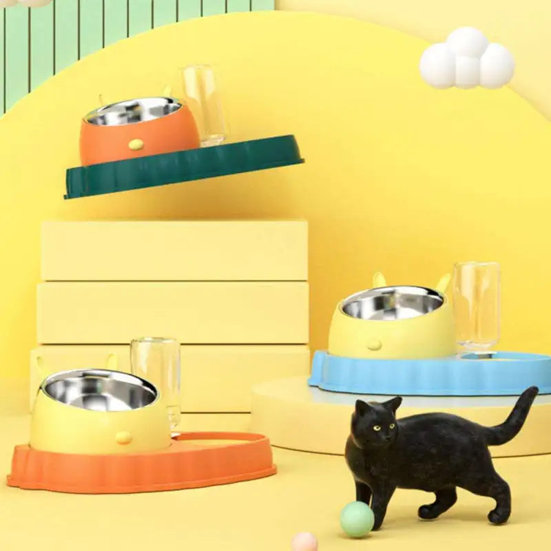 Unisex pet feeding station with automatic water dispenser & food bowl for dogs & cats. Keeps pets hydrated & fed.