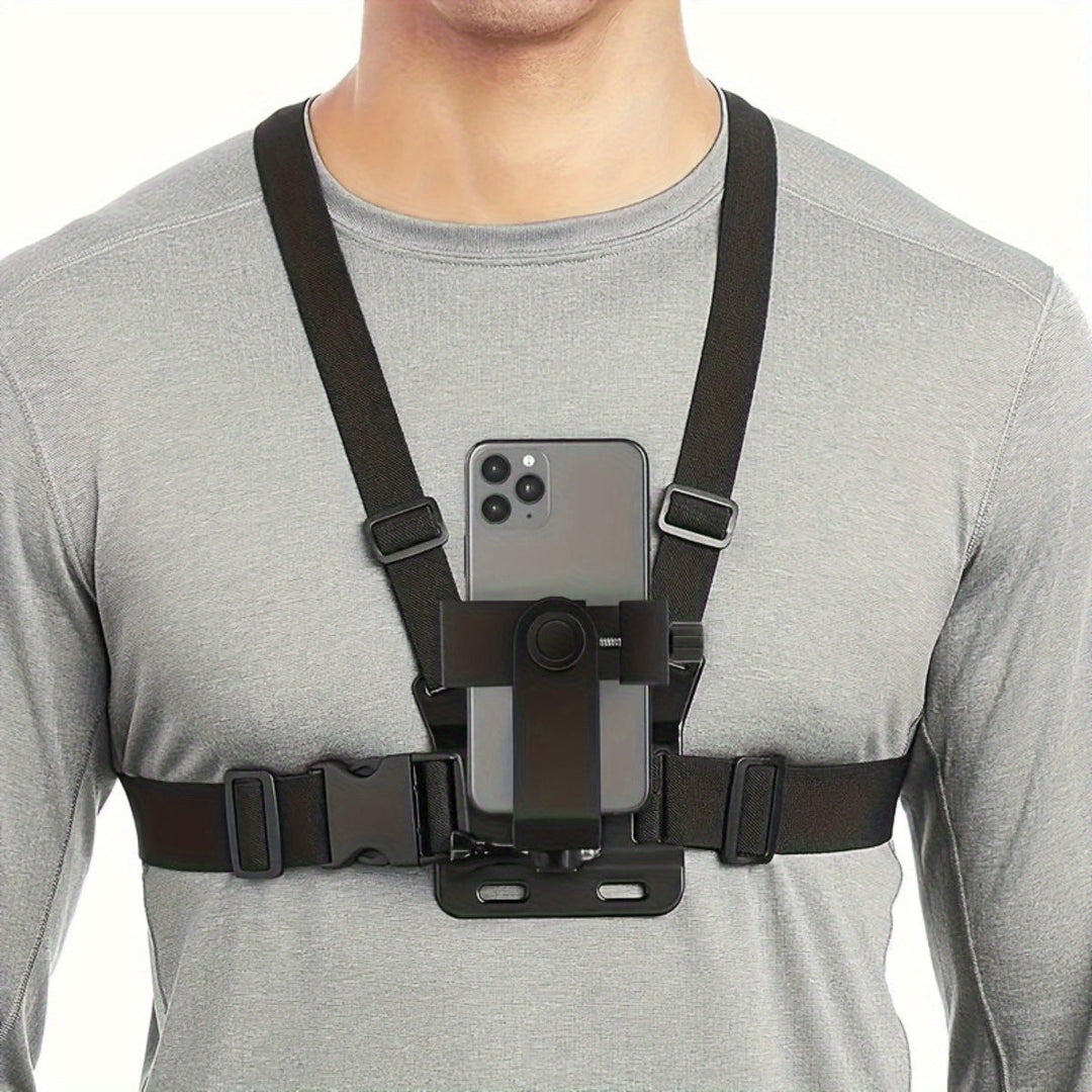 Unisex phone chest mount harness for action cameras & smartphones, hands-free POV vlogging gear with adjustable strap.