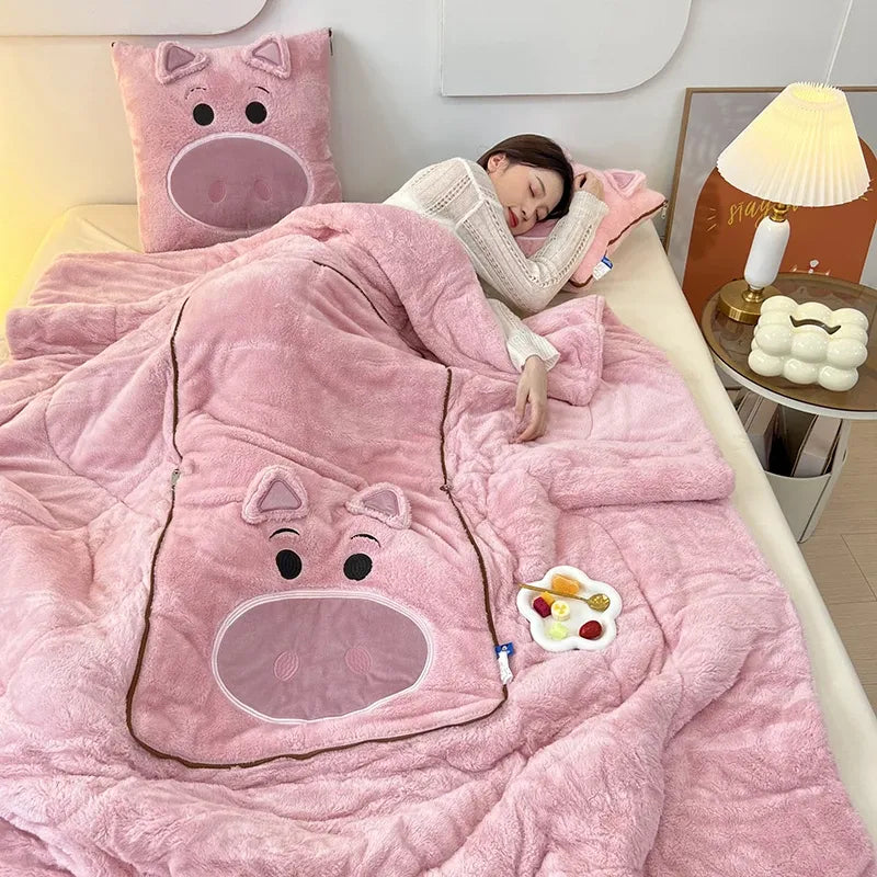 Warm and cuddly plush throw blanket paired with a fun cushion