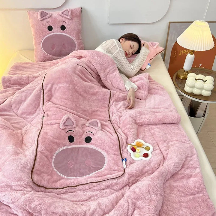 Warm and cuddly plush throw blanket paired with a fun cushion