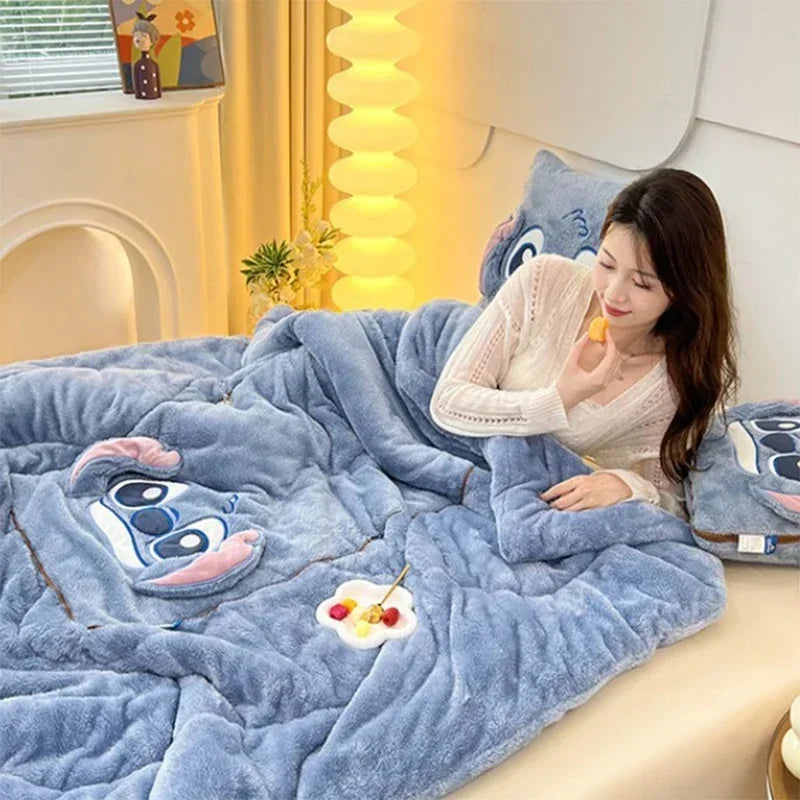 Cuddly soft throw blanket and character cushion set for warmth