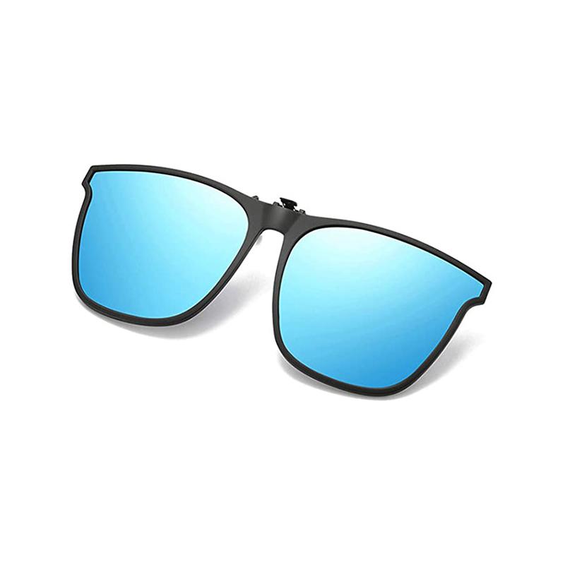 Side view of unisex polarized flip-up clip-on sunglasses. Offers glare reduction, UV400 protection, and portability.