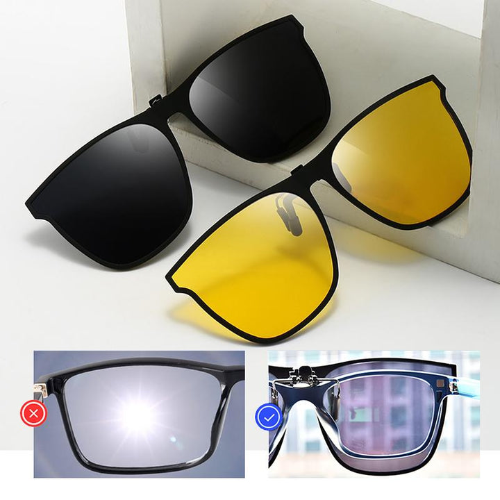Practical unisex accessory: polarized flip-up clip-on sunglasses. Ultimate glare protection & vision clarity.