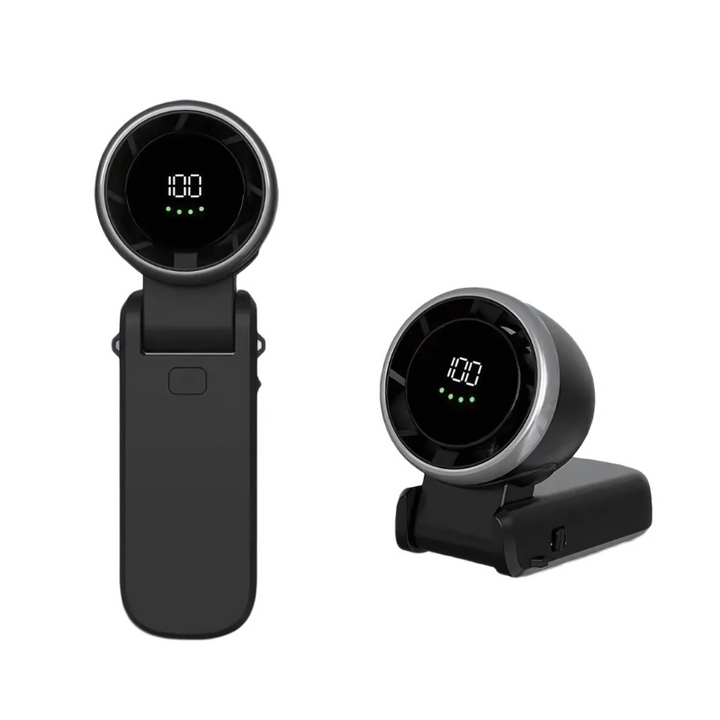 Sleek compact rechargeable cooling fan, essential travel accessory for personal comfort anywhere.