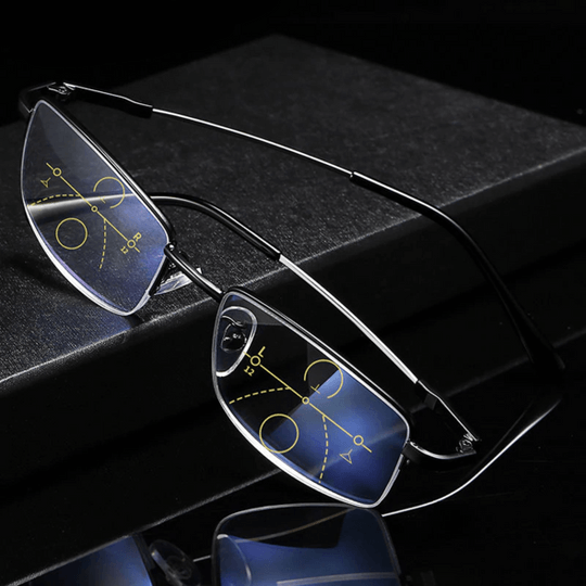 Unisex progressive smart reading glasses with light adapting photochromic lenses for clear, comfortable vision.