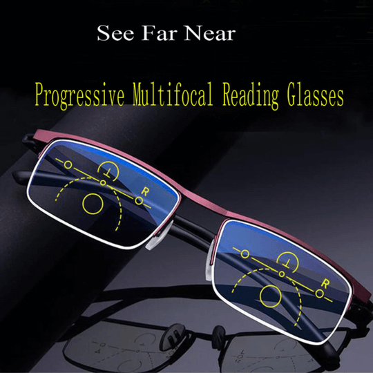 Multifocal progressive smart reading glasses featuring light adapting, photochromic, and anti-glare lenses.